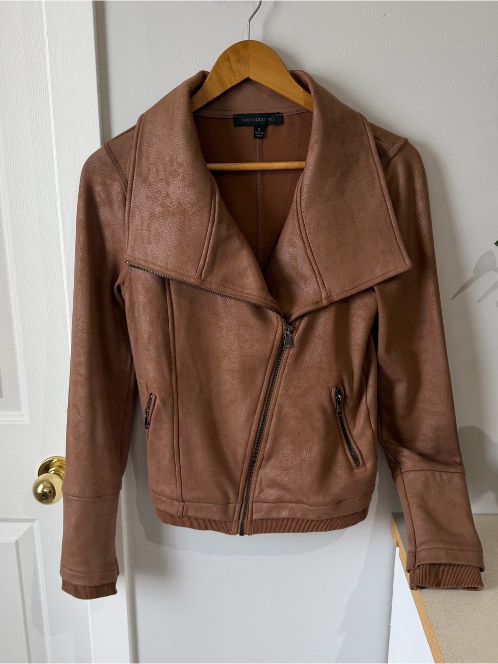 Sz S Brown Faux Leather Asymmetrical Moto Jacket